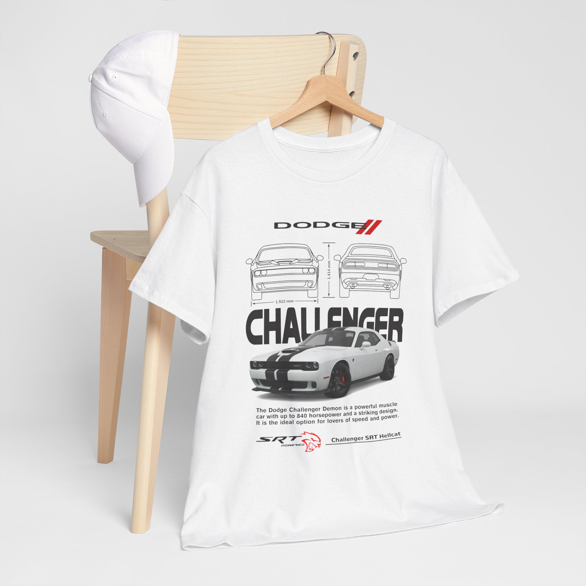 Camiseta  White Dodge Challenger Demon Coche. Unisex. Manga Corta