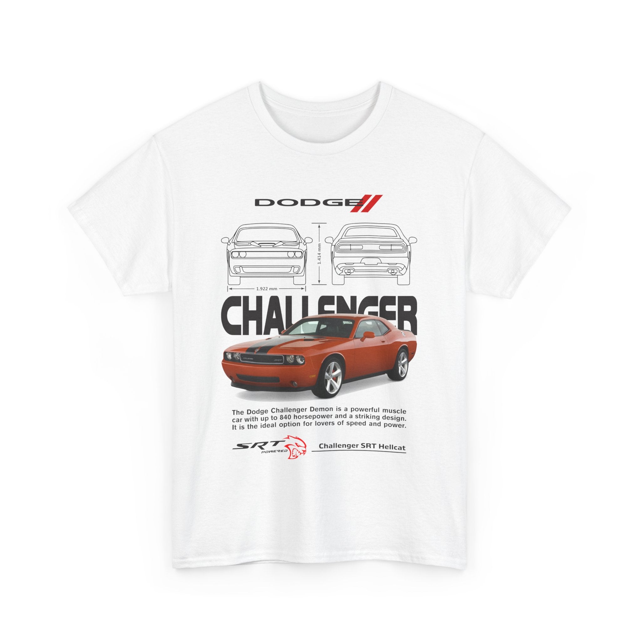 Camiseta temática Coche. Orange Dodge Challenger Demon. Unisex. Manga Corta