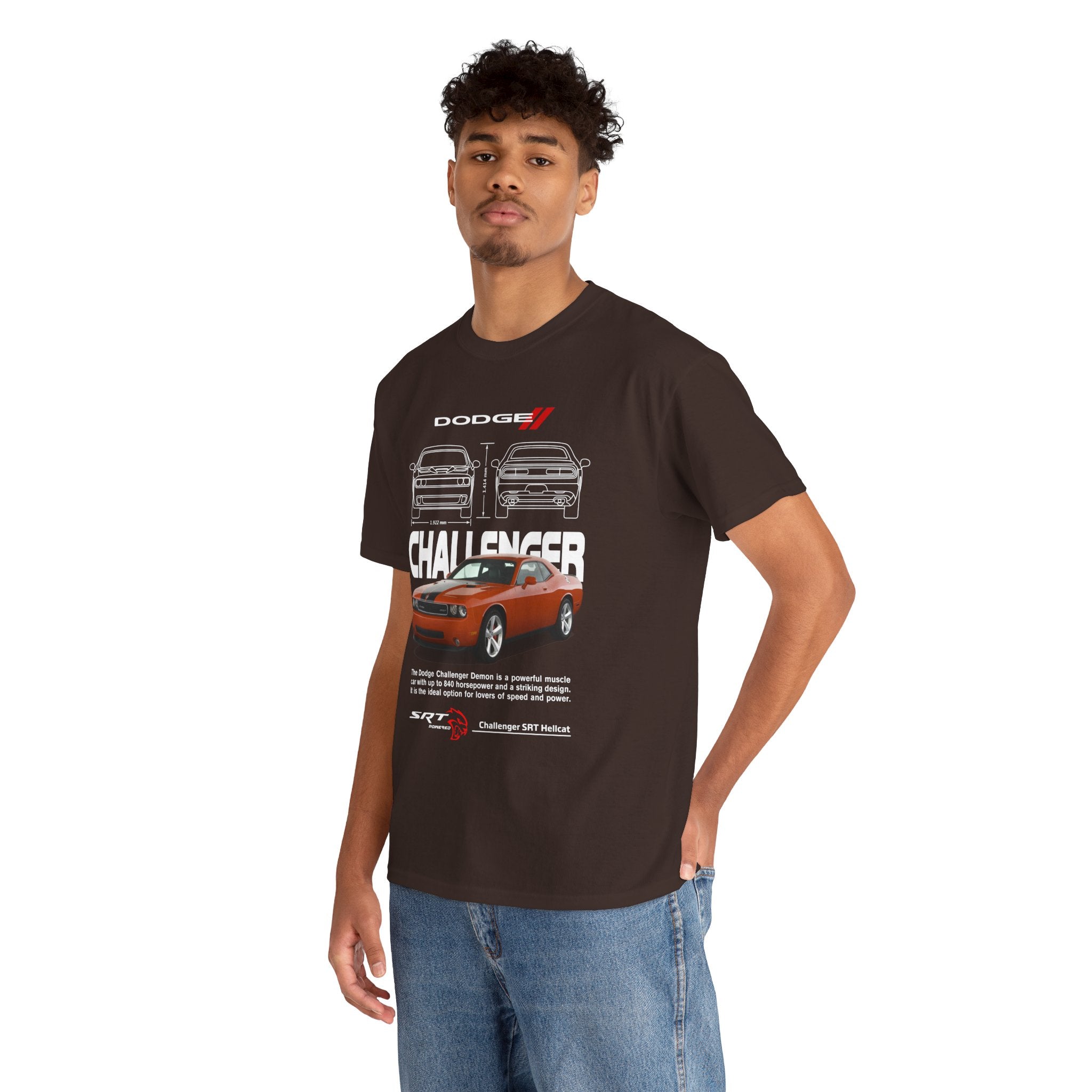 Camiseta temática Coche. Orange Dodge Challenger Demon. Unisex. Manga Corta